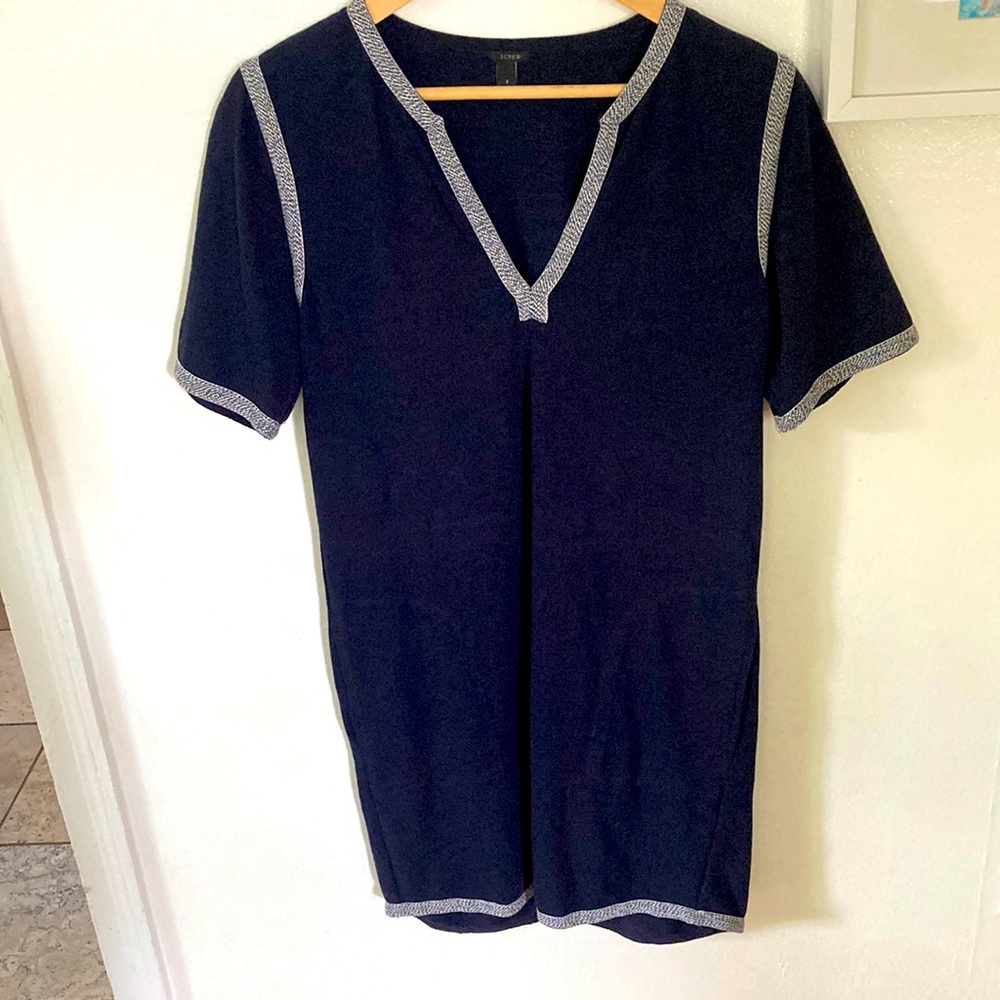 J. Crew Navy Blue V Neck Knit Dress with woven trim size Small
